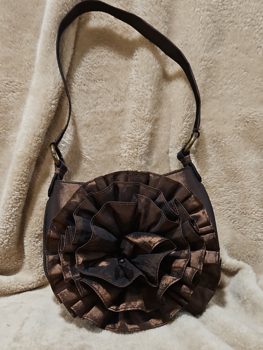 Brown Floral Ruffle Shoulder Bag
